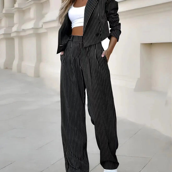 Fashion Striped Suits Casual Lapel Long Sleeve Cropped Top And Straight Pants Outfits Women's Clothing BABEL.FASHION power by FashionBrandsTop.com