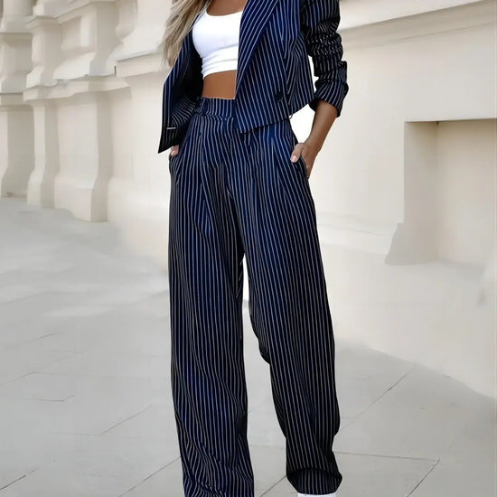 Fashion Striped Suits Casual Lapel Long Sleeve Cropped Top And Straight Pants Outfits Women's Clothing BABEL.FASHION power by FashionBrandsTop.com