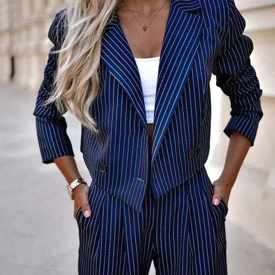Fashion Striped Suits Casual Lapel Long Sleeve Cropped Top And Straight Pants Outfits Women's Clothing BABEL.FASHION power by FashionBrandsTop.com