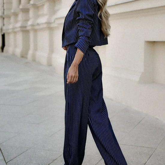 Fashion Striped Suits Casual Lapel Long Sleeve Cropped Top And Straight Pants Outfits Women's Clothing BABEL.FASHION power by FashionBrandsTop.com